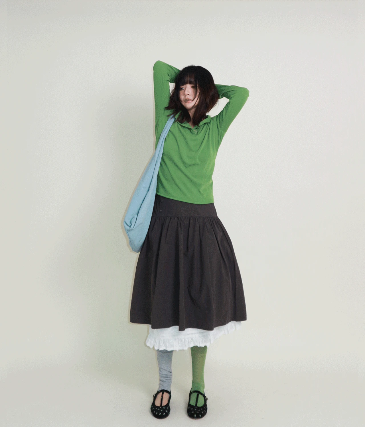 파이 컬러풀 빅 버튼 골지 긴팔 후드티