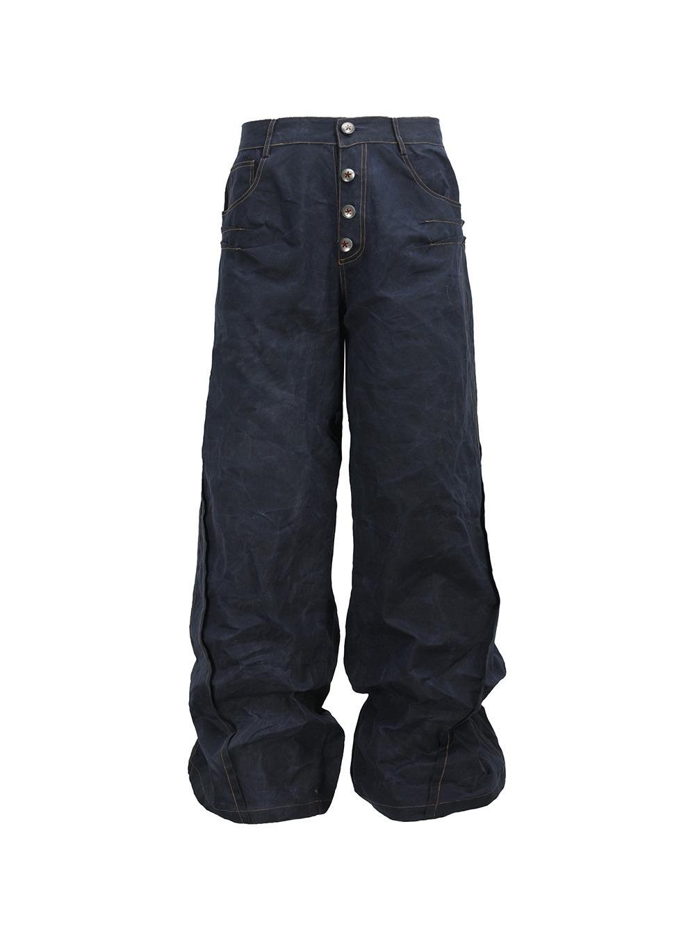 [No E Mosen] Dark Blue Wax Dyed Baggy Jeans