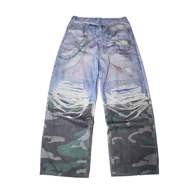 TREclub 3D 프린팅 카모플라주 데님 유니크 와이드 청바지