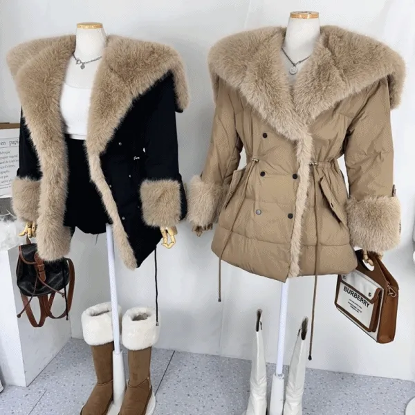 [고퀄/수입/고급스러운/겨울필수템❄] 페이크퍼 덕다운 루즈핏 스트링 배색 세일러 세라 지퍼 후드 날개 패딩 점퍼 (2COLOR)