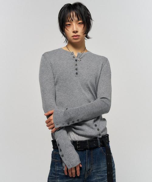 BUTTON SLIT HENLEY KNIT GREY