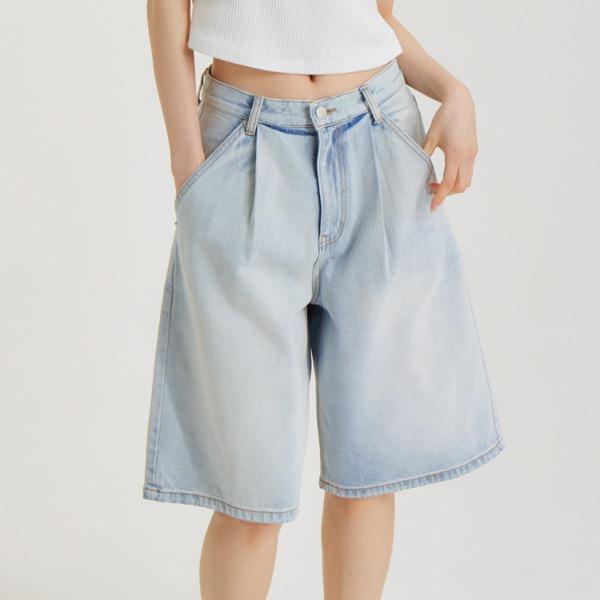 [언노운플라넷] 턱 하프 데님 쇼츠 연청