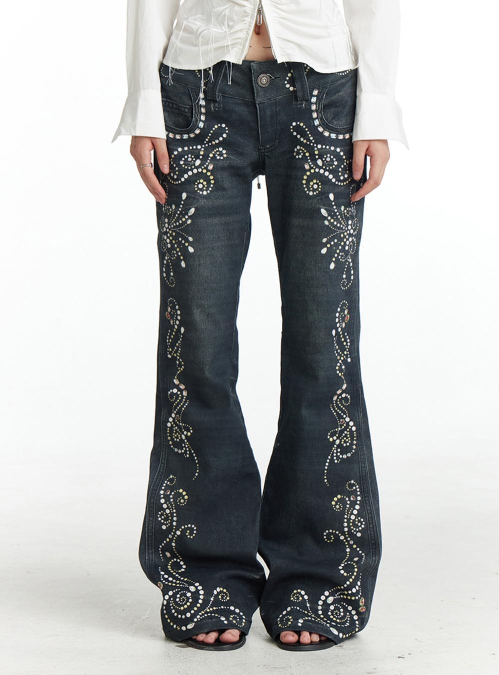 Jewelry Pattern Printed Flared Jeans