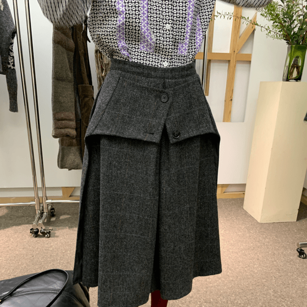 LRIB gray plaid fake two-piece waist belt wool skirt