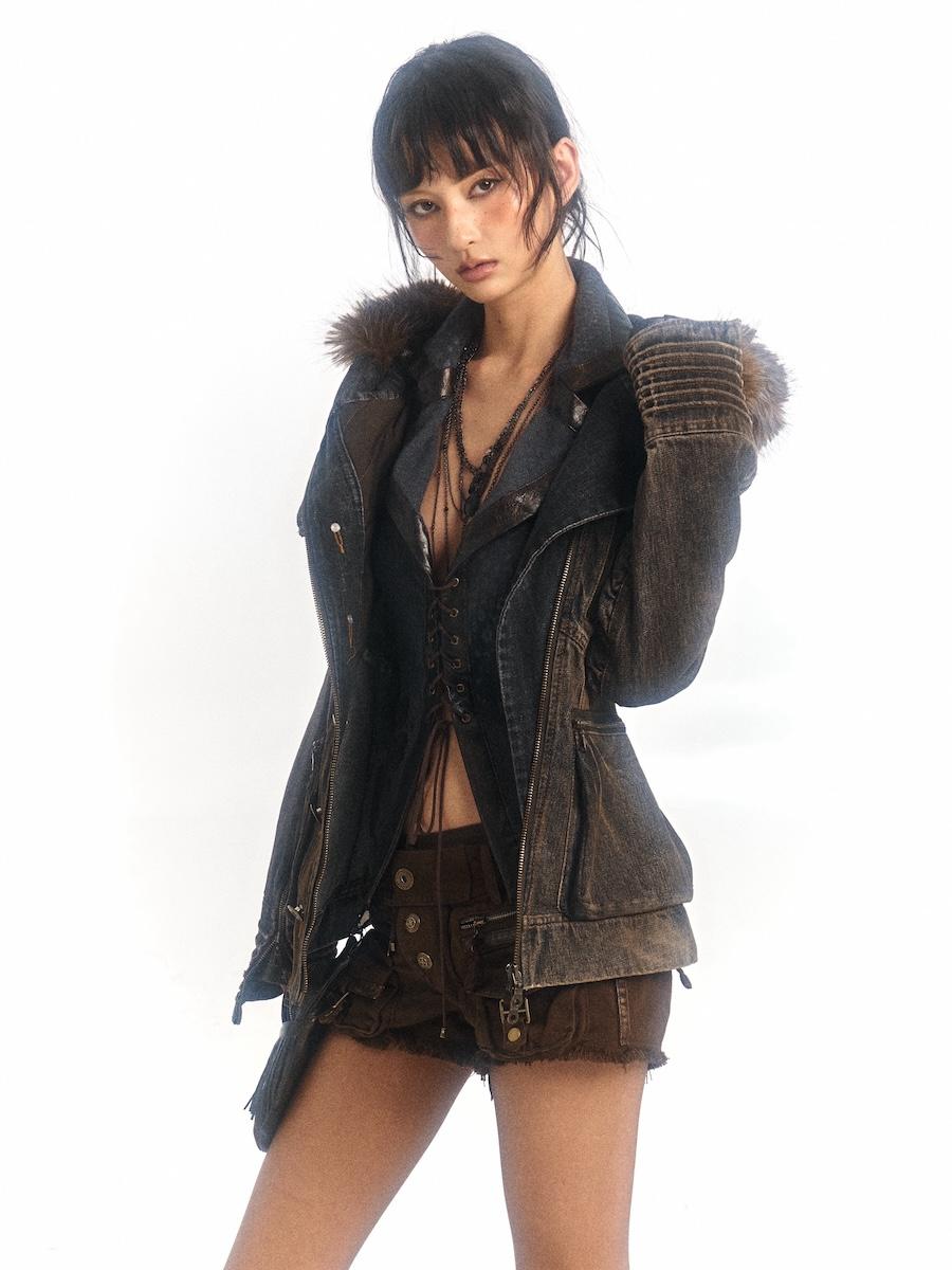 Flowers birds Market Washed waist denim jacket