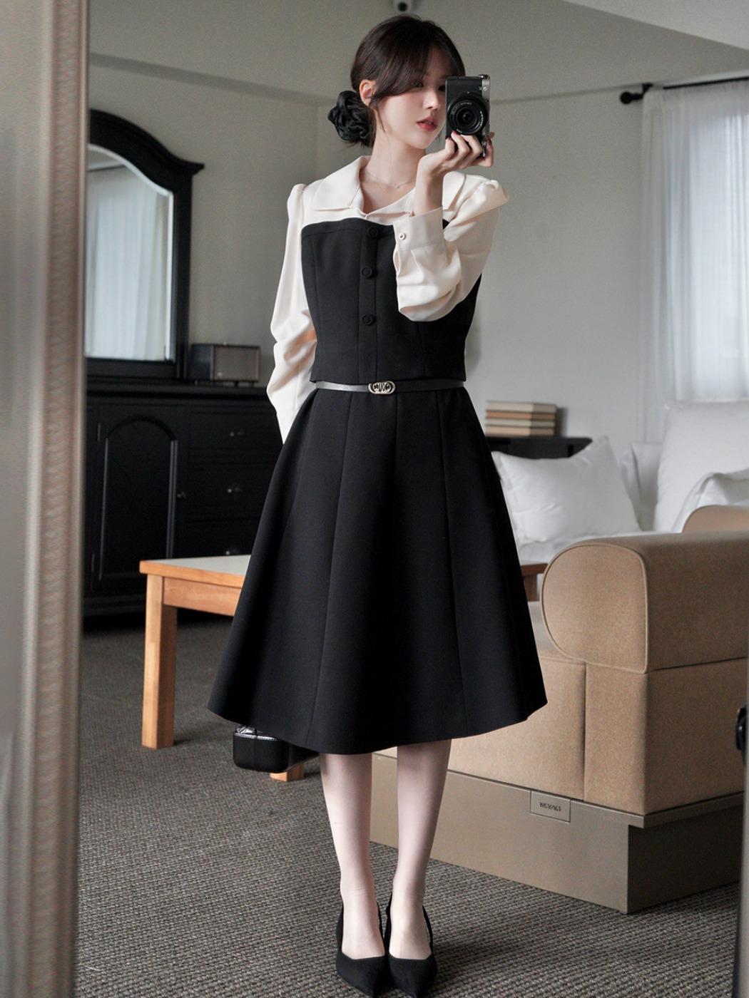 주미니픽♥배색 카라 벨트 플레어 원피스 S254T601