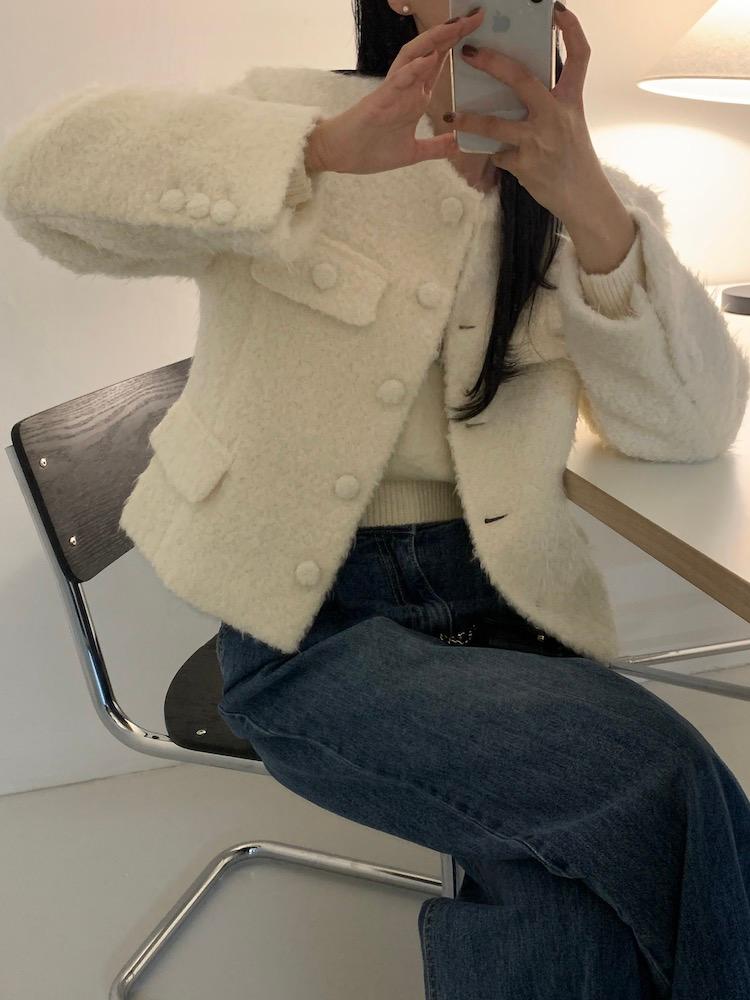 헤어리 울 노카라 트위드 자켓 2col