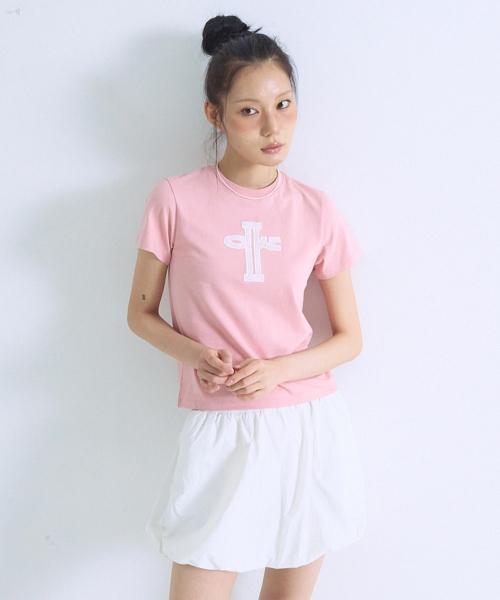 레이스 아플리케 로고 크롭티 핑크