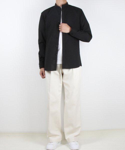 블랙 슬림핏 레이온혼방 차이나카라 솔리드 셔츠