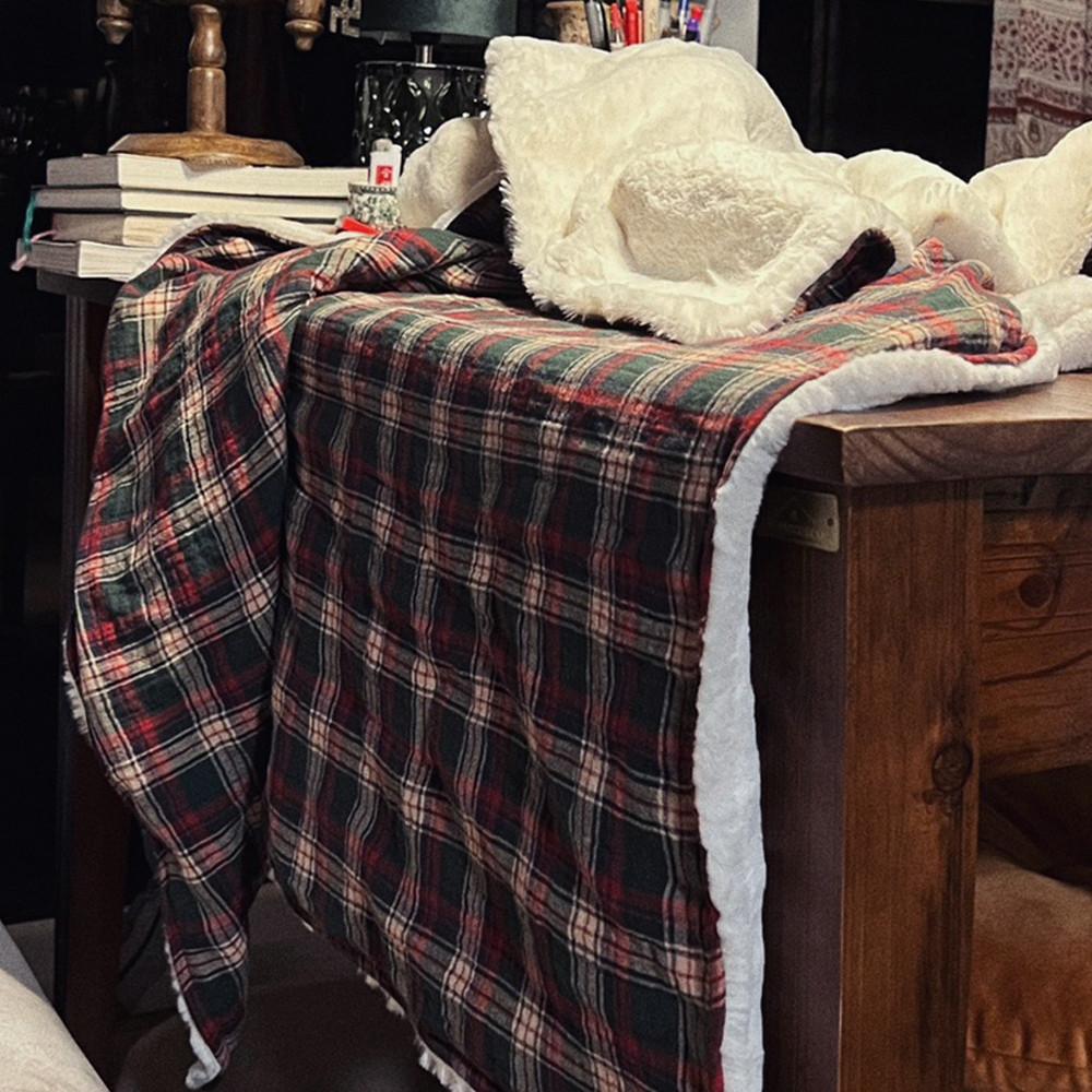 크리스마스 체크 페이크 퍼 겨울 블랭킷