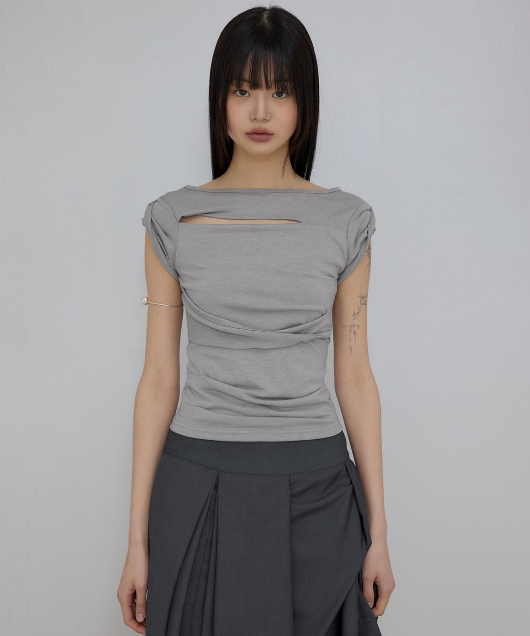 Asymmetrical Draped Roll-Up T-Shirt (FL-165_Gray)
