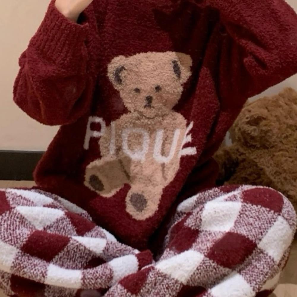 [수면잠옷] 여성 맨투맨 겨울 잠옷 세트 테디베어 파자마 홈웨어 (2color)