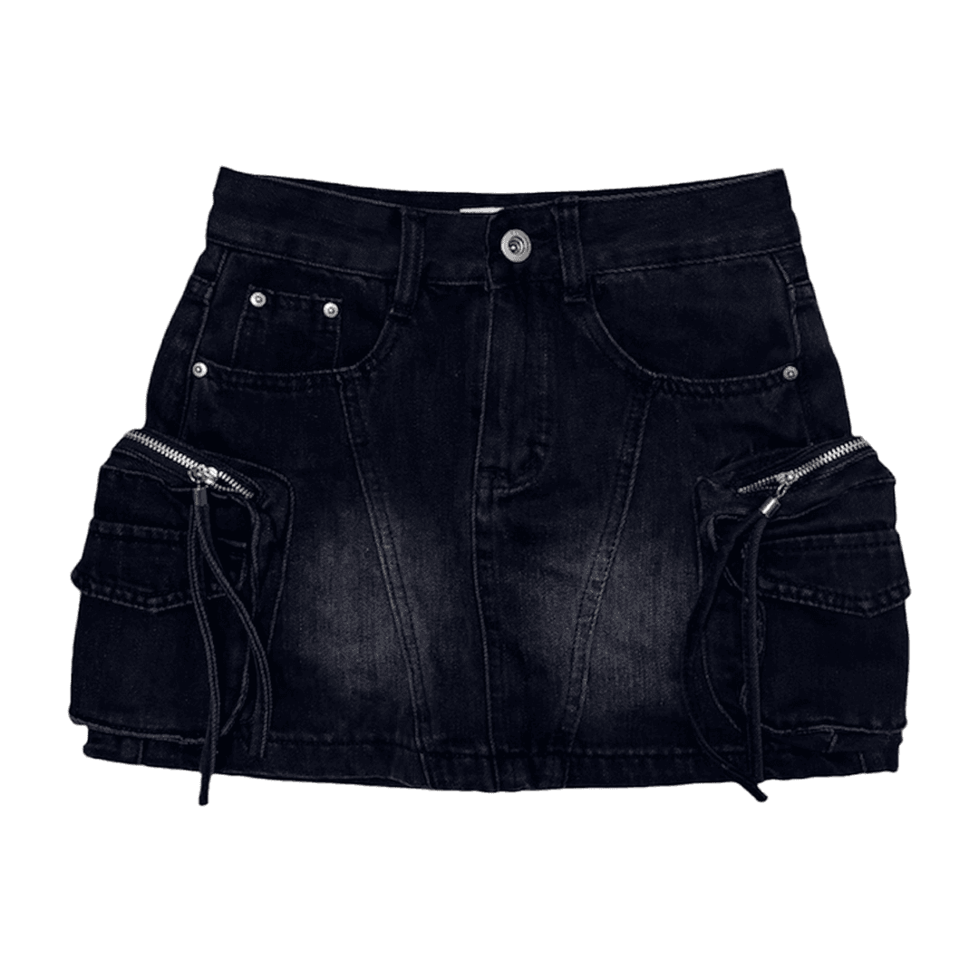 Big Pocket Washing Denim Mini H Skirt (Black)