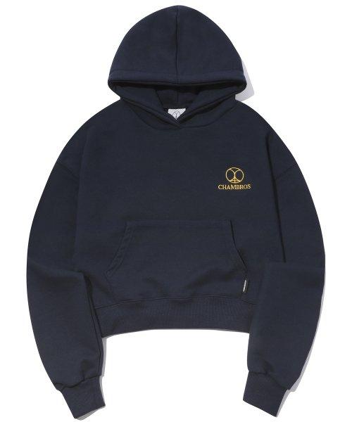 로고 자수 프린팅 스웨트 크롭 후드티 [네이비]