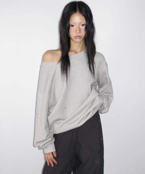 One Shoulder Eyelet Sweatshirts / Grey
