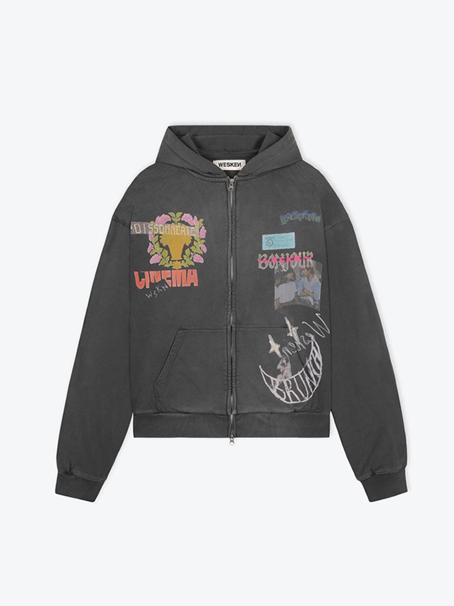 [WESKEN] OVERSIZED SCRAPBOOK ZIP-UP HOODIE - CHARCOAL