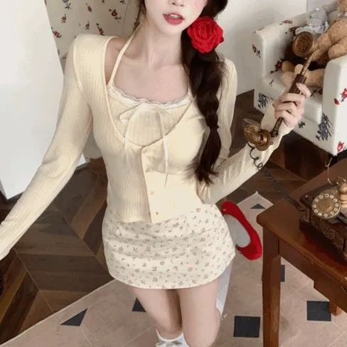 옐로우 페이크 투피스(나시탑+가디건)+미니스커트 투피스 세트