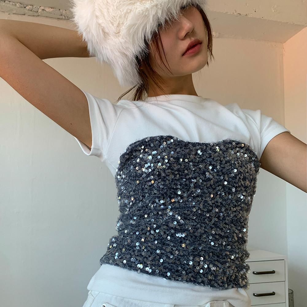스팽글 크롭 뷔스티에 슬림핏 튜브탑 겨울 레이어드 연말 파티룩