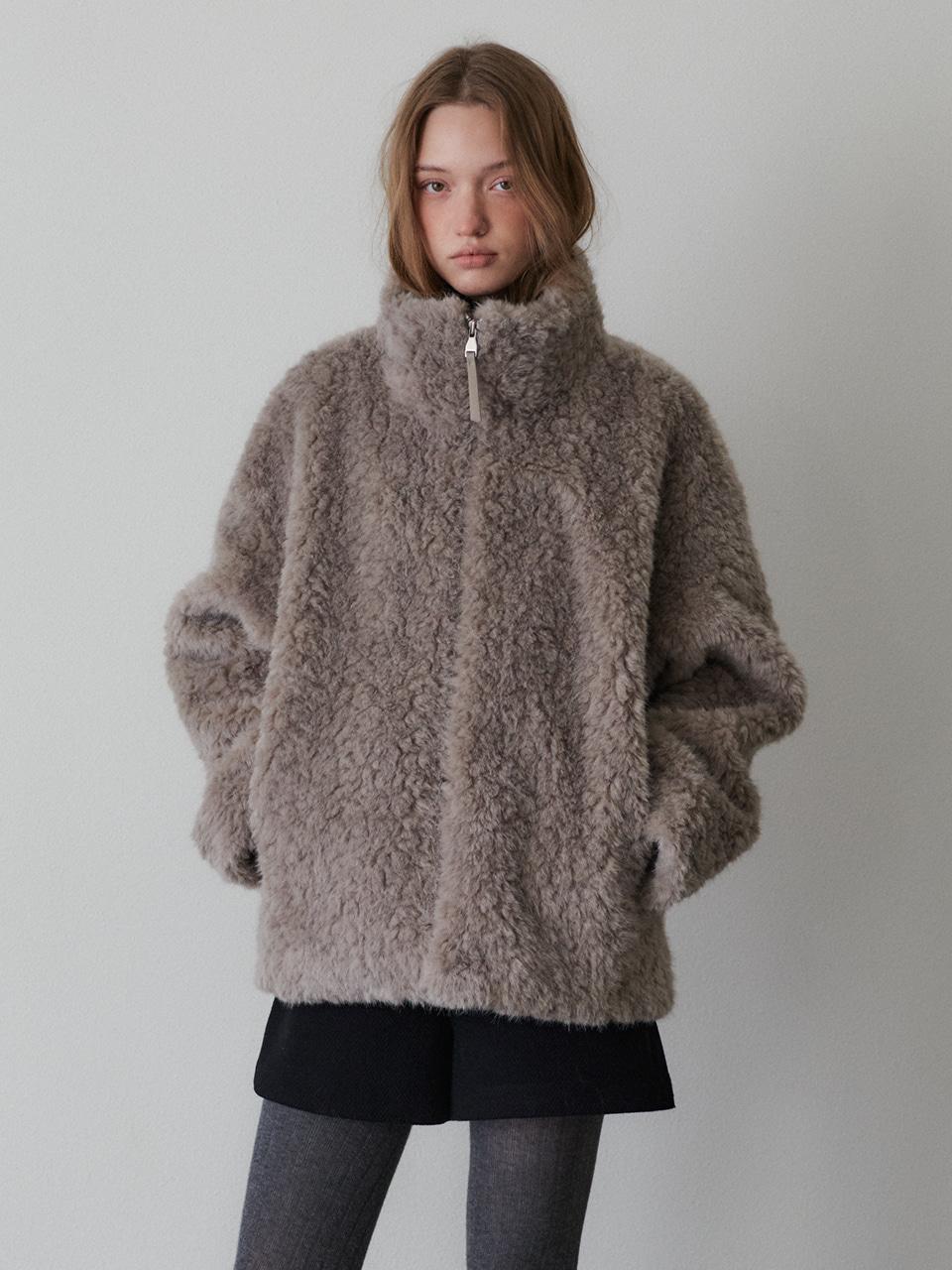 [Low in stock] MARIE High Neck Cocoon Silhouette Curly Wool Zip-Up Fur Coat_Taupe Grey