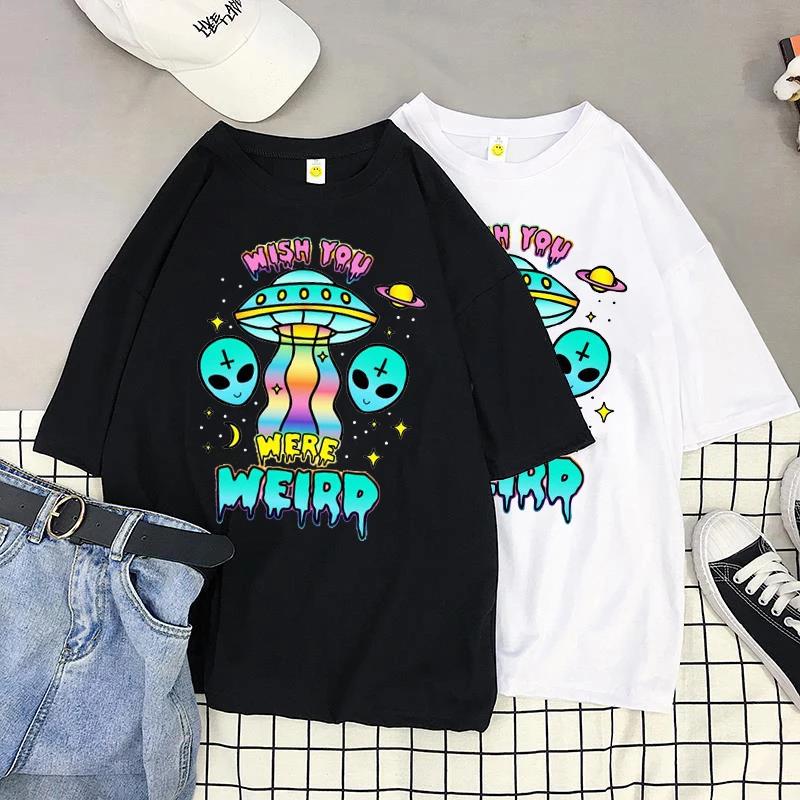신제품 하라주쿠 고딕 티셔츠 외계인 프린트 반팔 상의 & 티, 여름 패션 캐주얼 티셔츠, 여성 의류 티셔츠