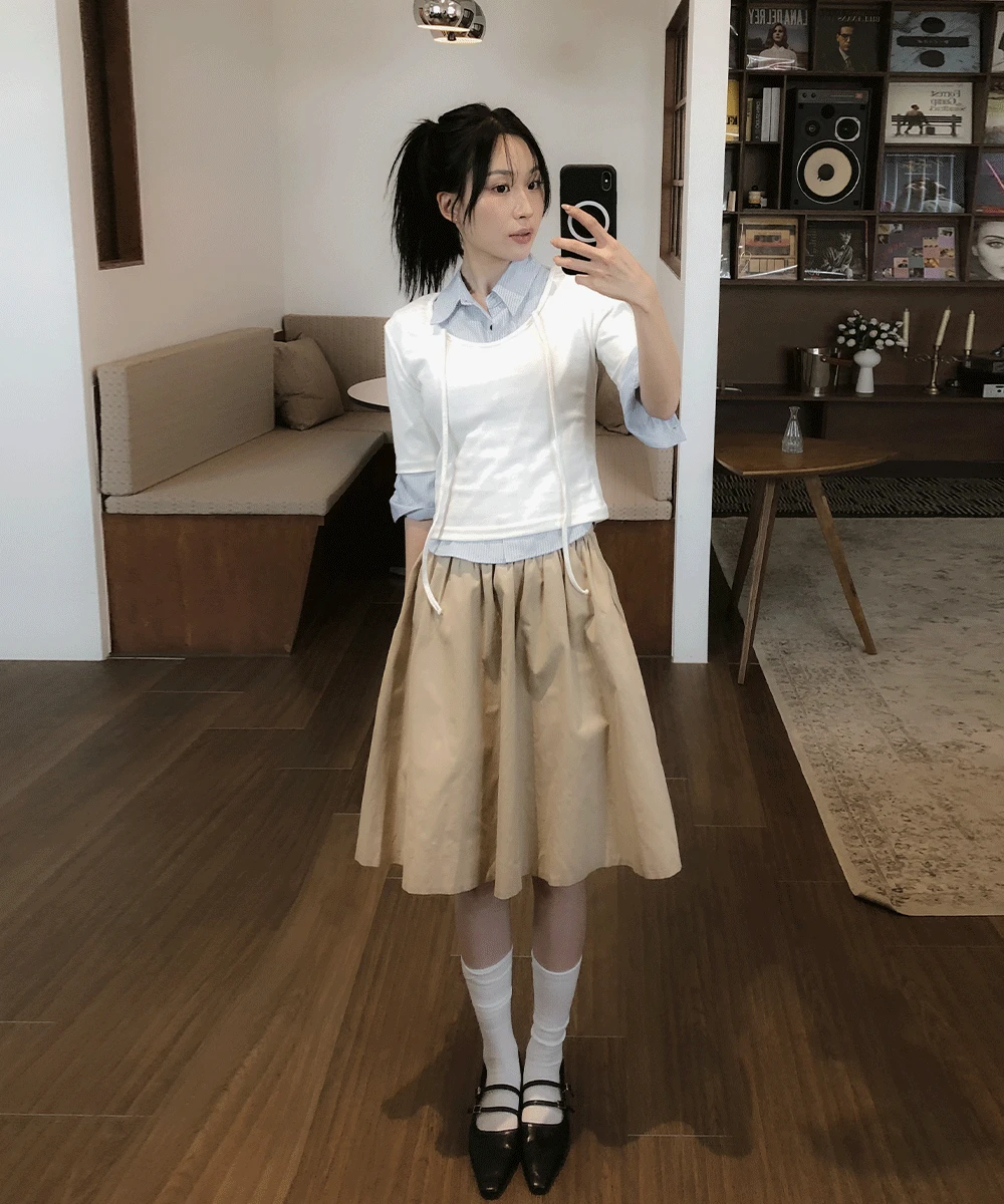 로버 코튼 플레어 밴딩 미디 스커트