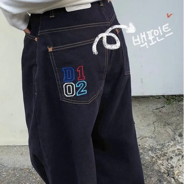 단 하루 할인 🔥 [기모안감/논페이드] 도이 백포인트 자수 포켓 와이드 롱 데님 팬츠 카펜더 진청 겨울