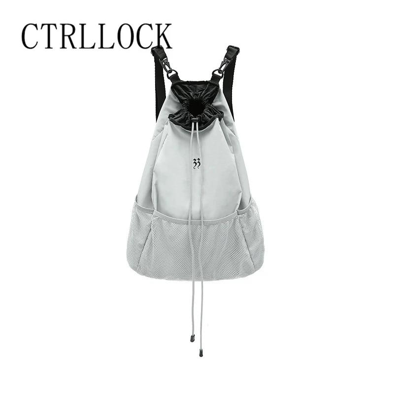 CTRLLOCK-Techwear Normcore 그레이 나일론 경량 대용량 메쉬 백팩 여성용, 드로스트링 스트랩 포켓 책가방