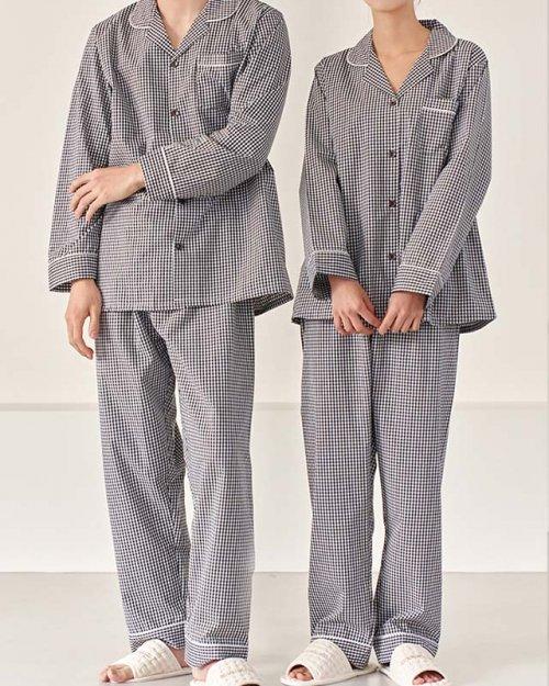 커플 잠옷 체크 면 긴팔 세트 블랙 ANPA02