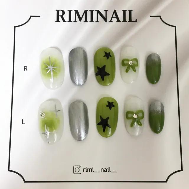 블랙 스타 그린 리본 수제 네일팁