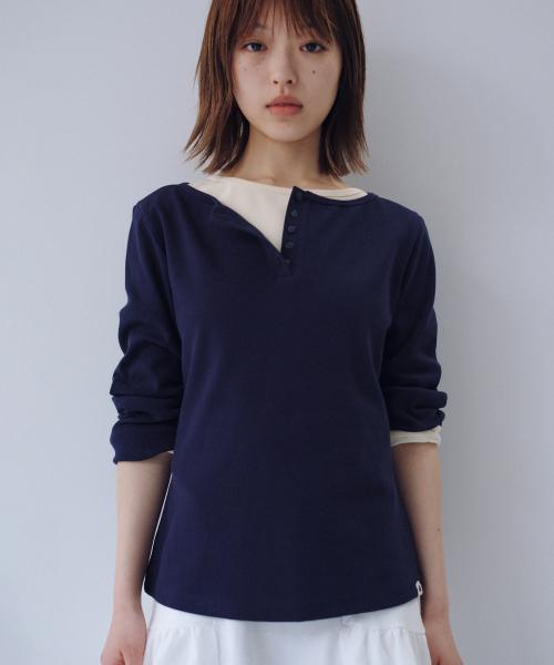HENLEY NECK BUTTON LONG SLEEVE, NAVY