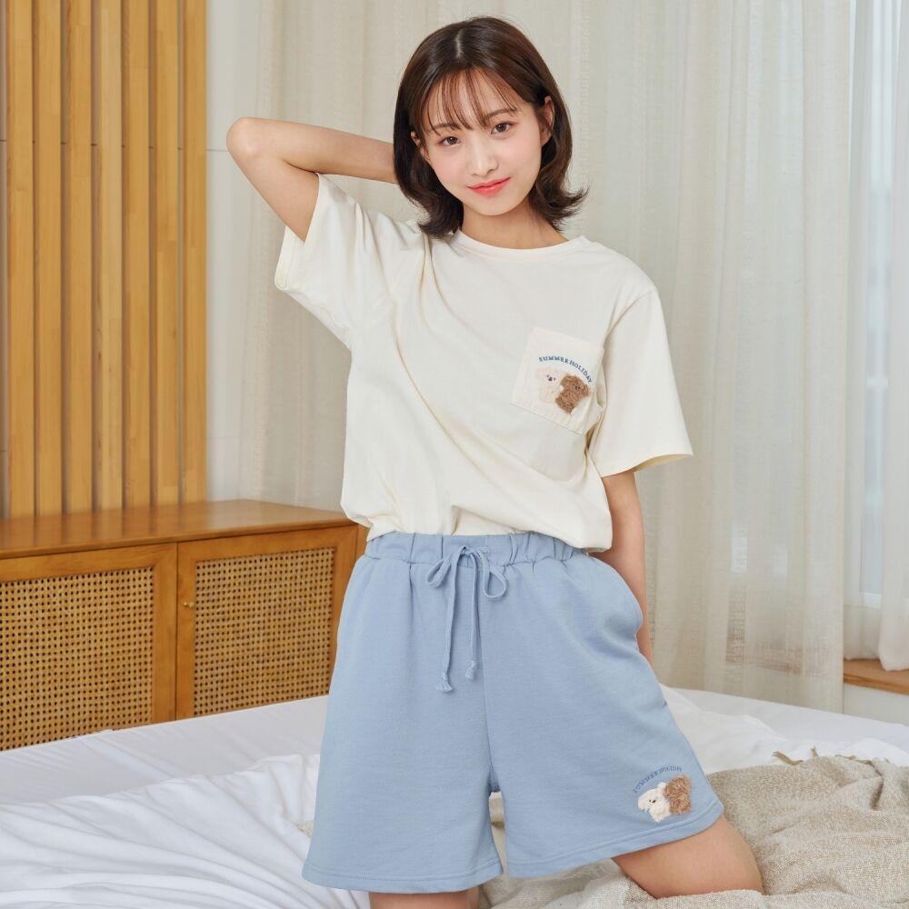 아이보리 토이푸들 자수 반팔반바지 SET