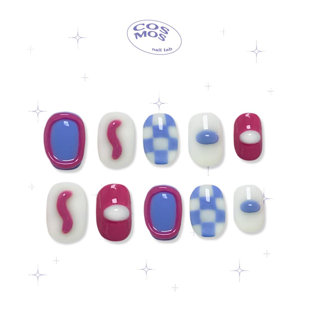 인디고핑크 네일 젤 셀프 파츠 아트 인조손톱 핑크 체커보드 빈티지 유니크 수제 네일팁