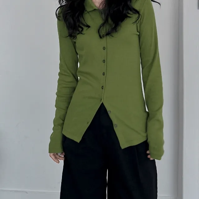 허그 골지 폴라넥 단추 긴팔 티셔츠 3color