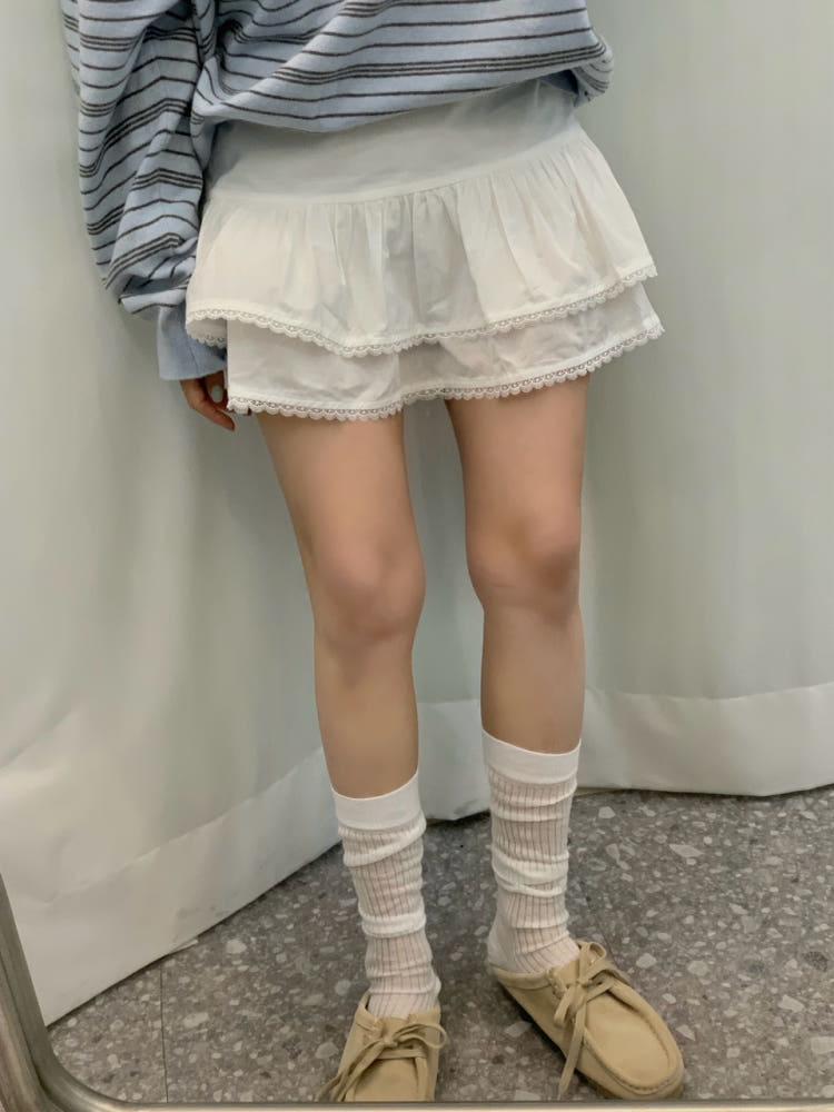 레이스 캉캉 포인트 레이어드 미니 스커트 (아이보리)