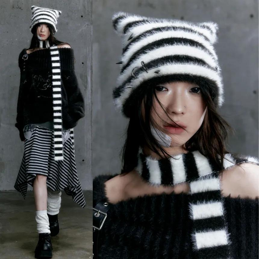 CEST NOUS 비니 & 목도리 고양이귀 모자 스트라이프 네로우 목도리