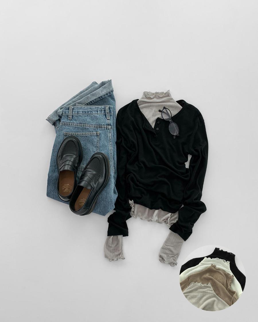 울 텐셀 물결 하프-폴라 티셔츠