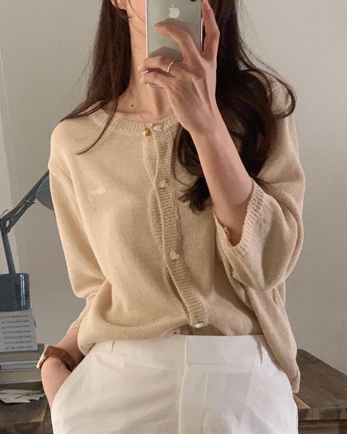 [Objet 오브제] 하트 진주 자개 니트 가디건 하트단추 여름 한여름 아우터