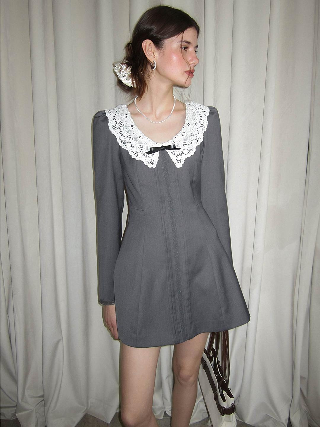 [UENA] Wonderland Lace Ribbon Puff Sleeve Dress