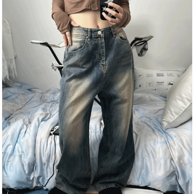 point vintage washing denim pants