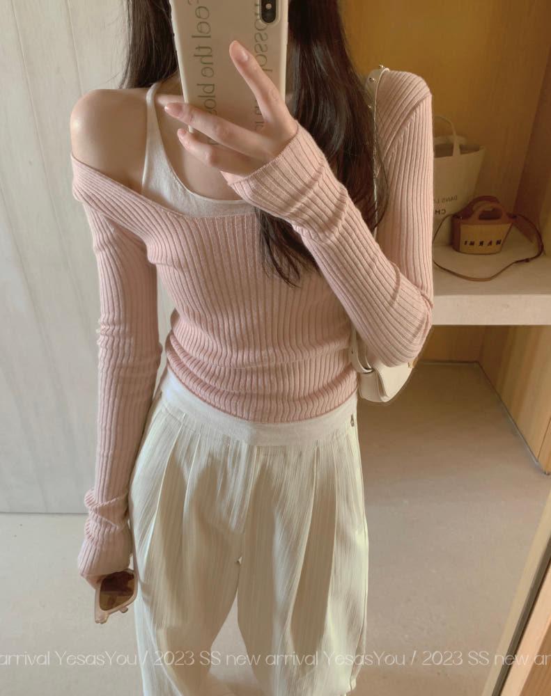 솔이 레이어드 파스텔 골지 니트 긴팔 티셔츠