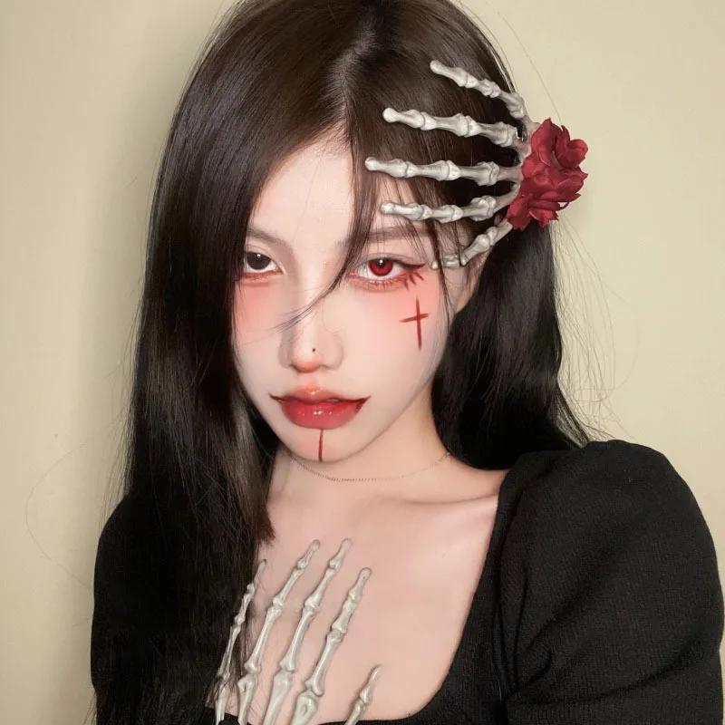해골 손 레트로 장미 헤어 클립, 뼈대 머리핀, 할로윈 파티 선물, 여성용 헤어 액세서리