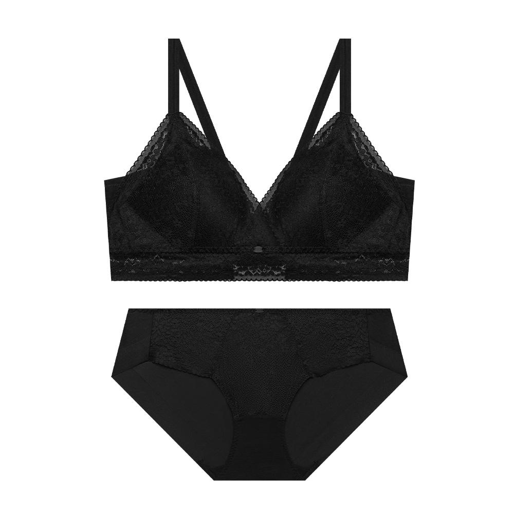내추럴 볼륨 레이스 브라 팬티 세트 - 블랙