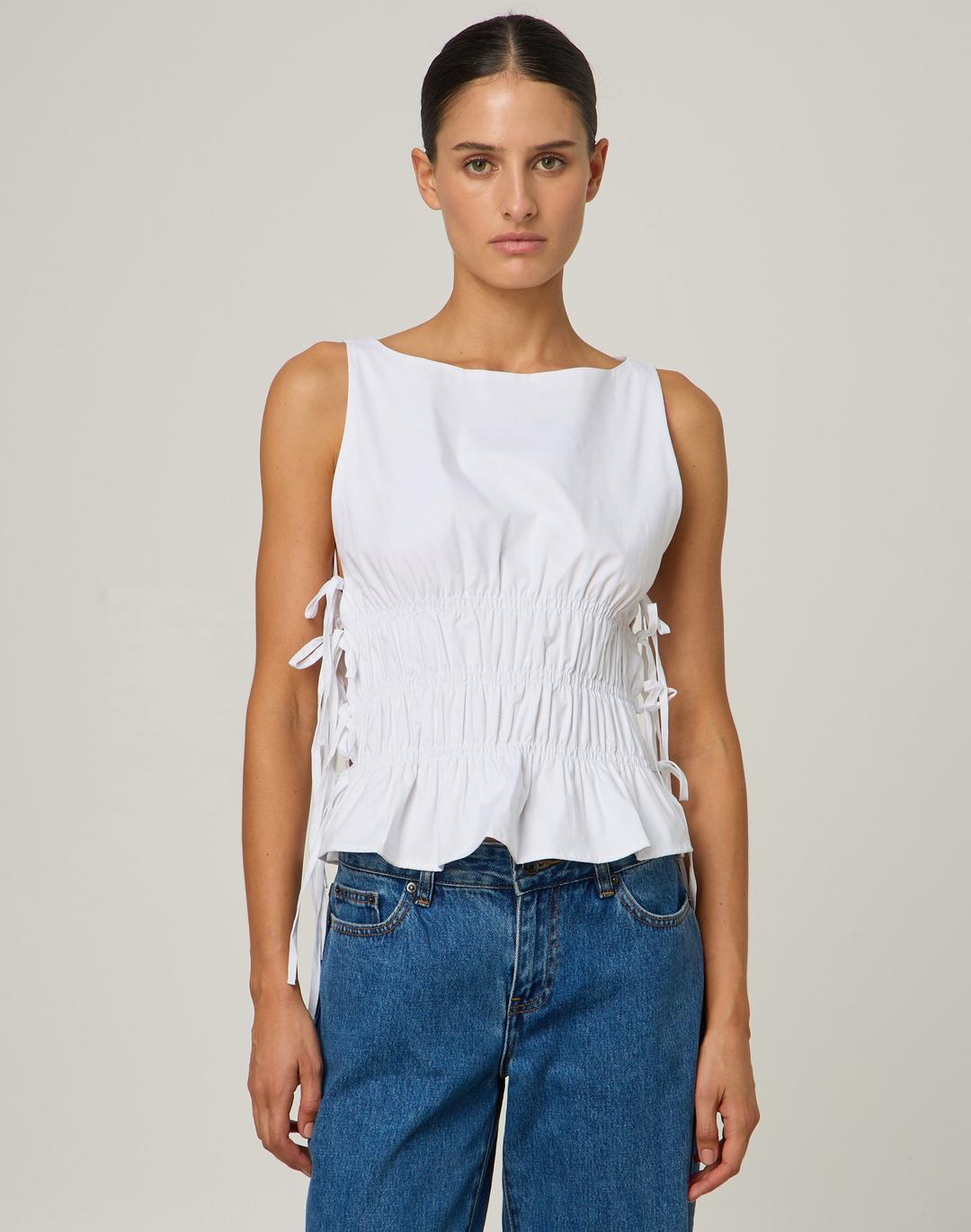 Poplin Tie Side Shirred Blouse