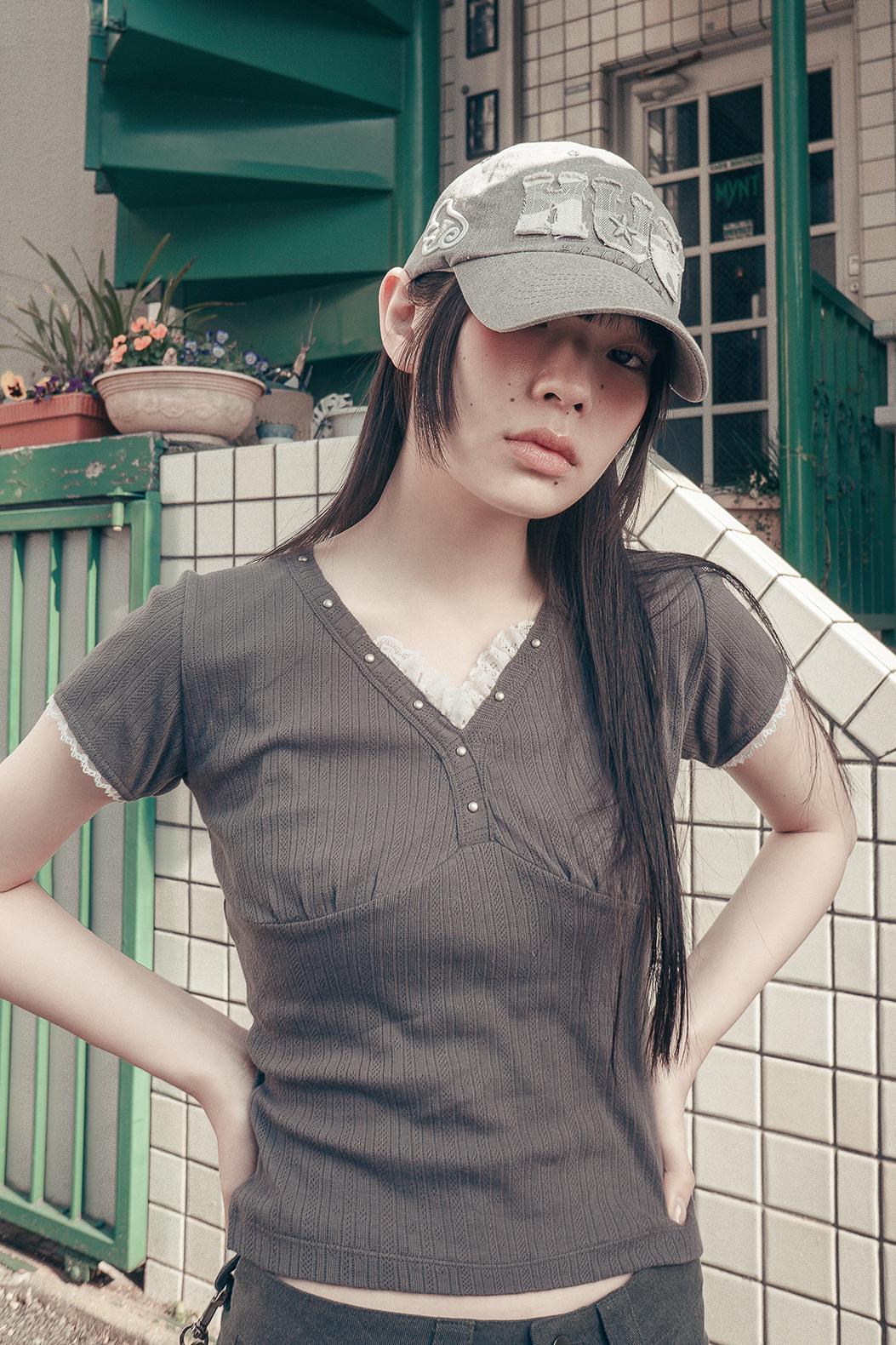 Lace studded top (Charcoal)