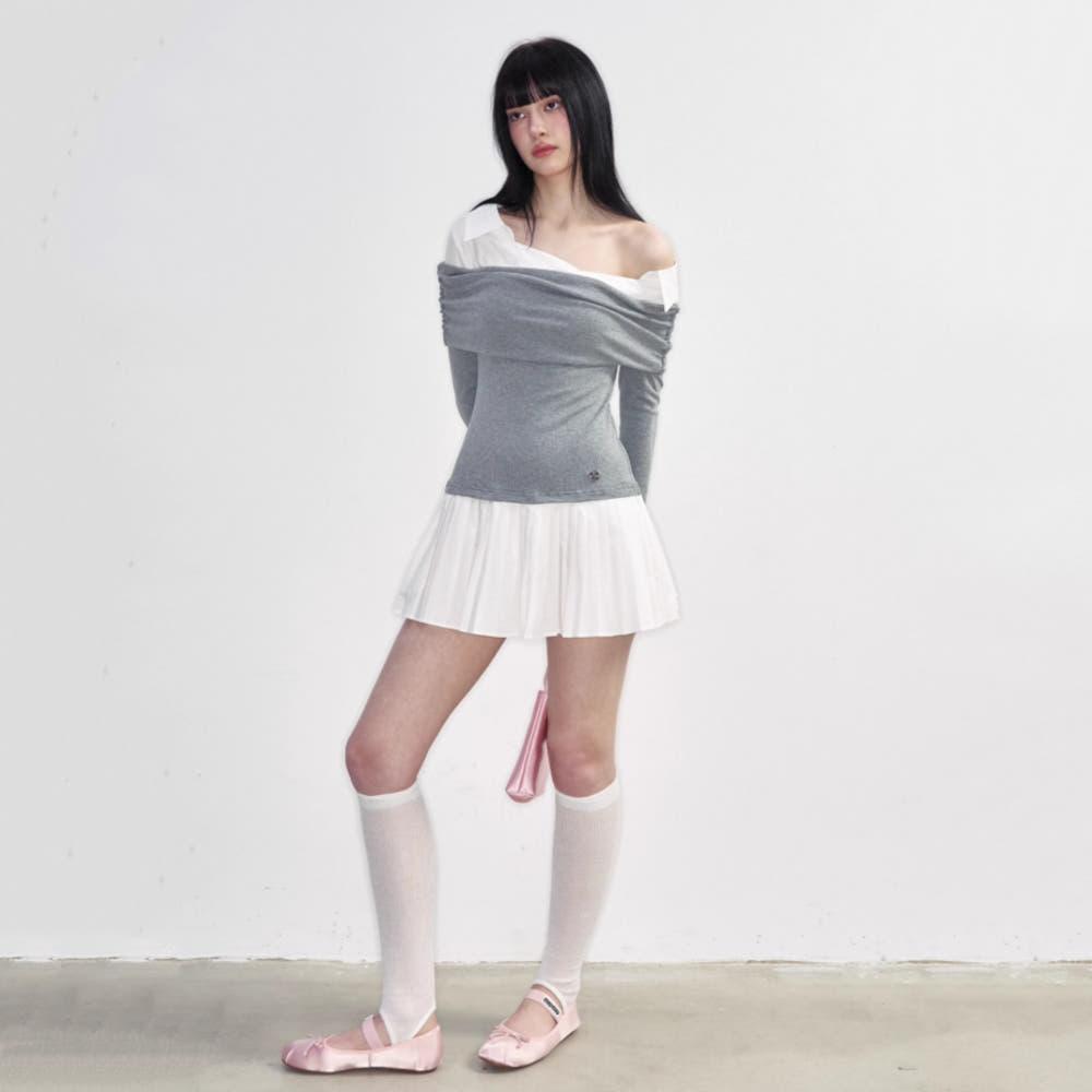 NS76 원피스 페이크 투피스 오프숄더 셔츠 미니 플리츠 원피스 (그레이)