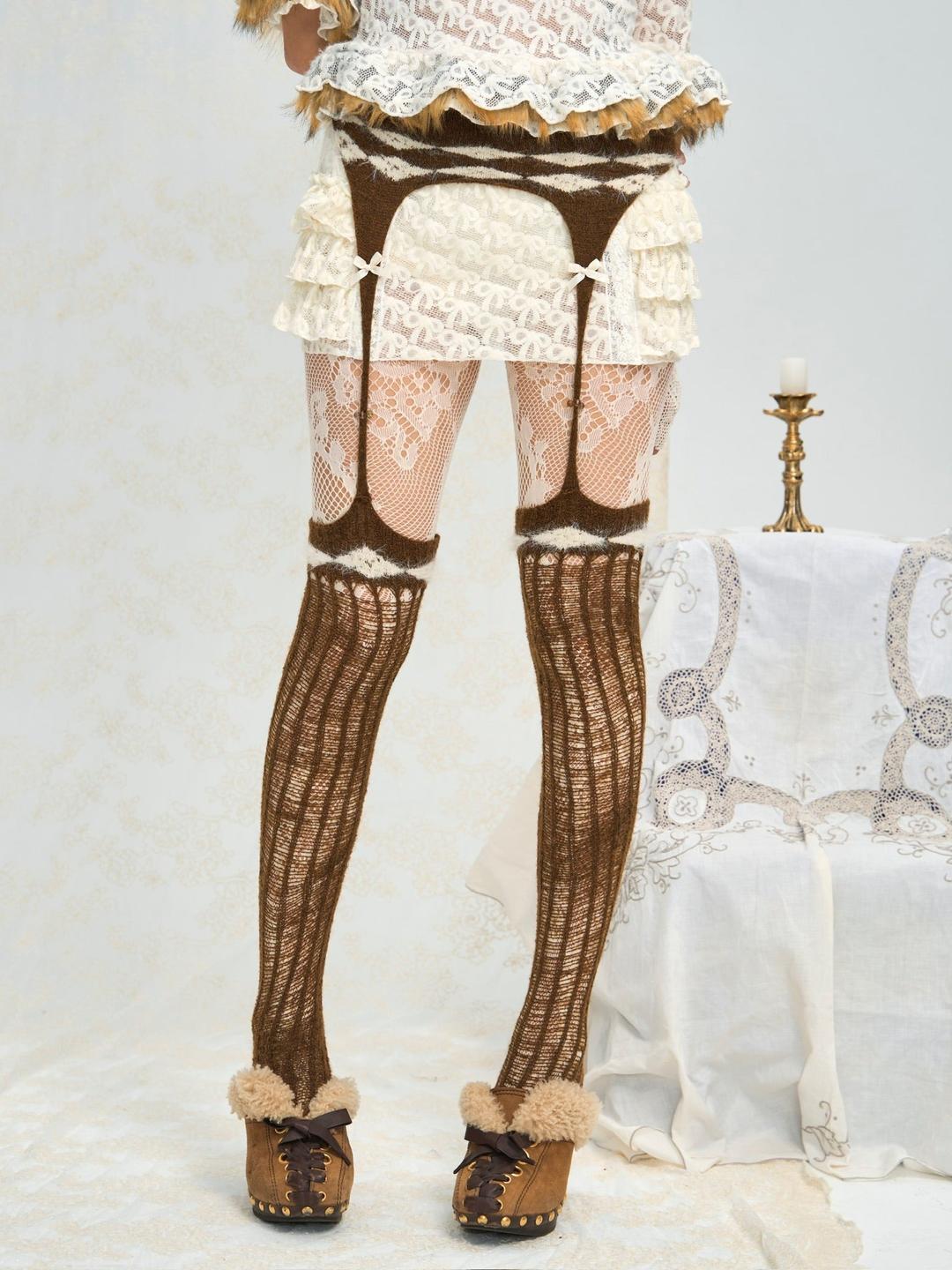 Knitted beige/milky white/pink  suspenders stockings