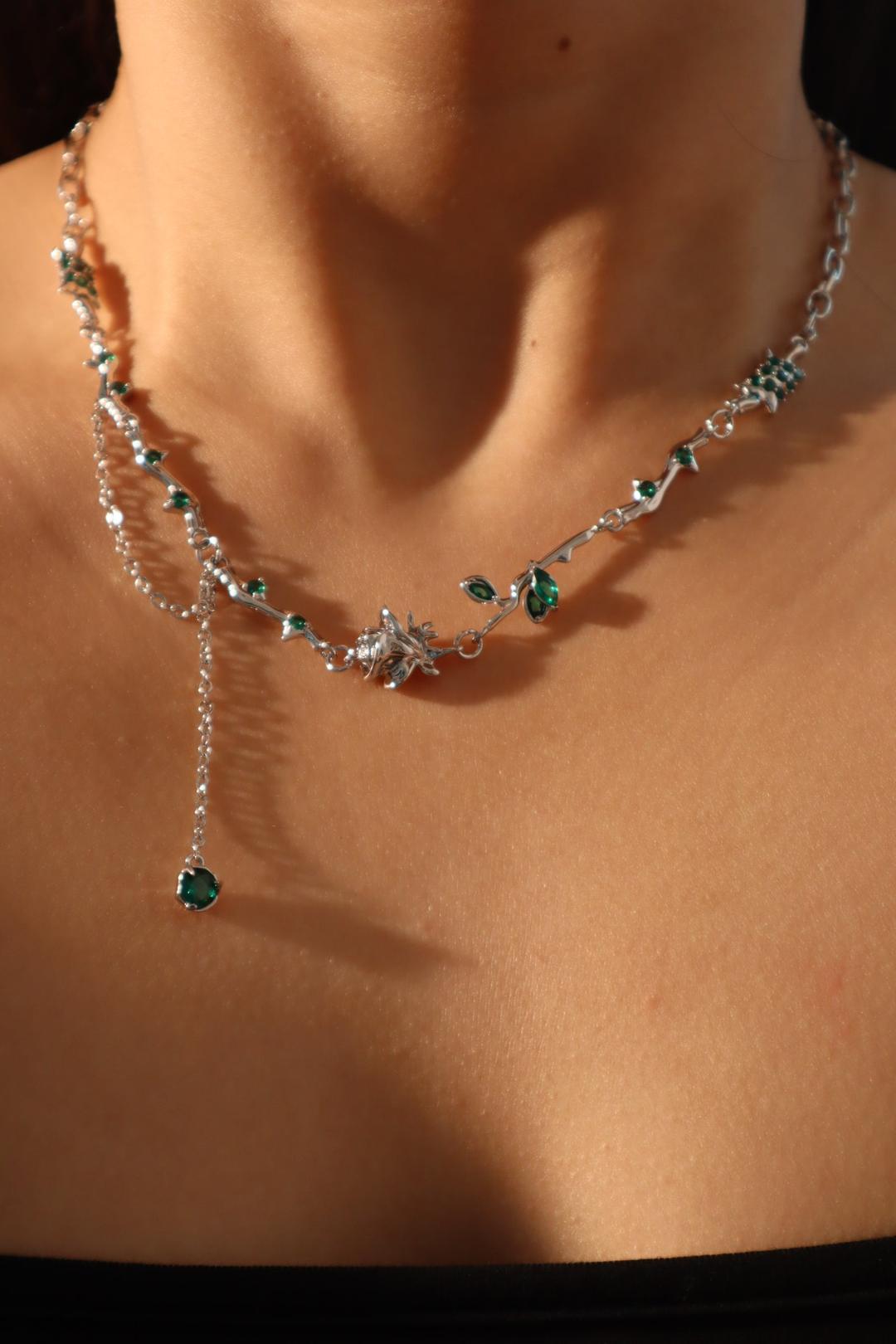 Platinum Plated Green Gems Rose Necklace