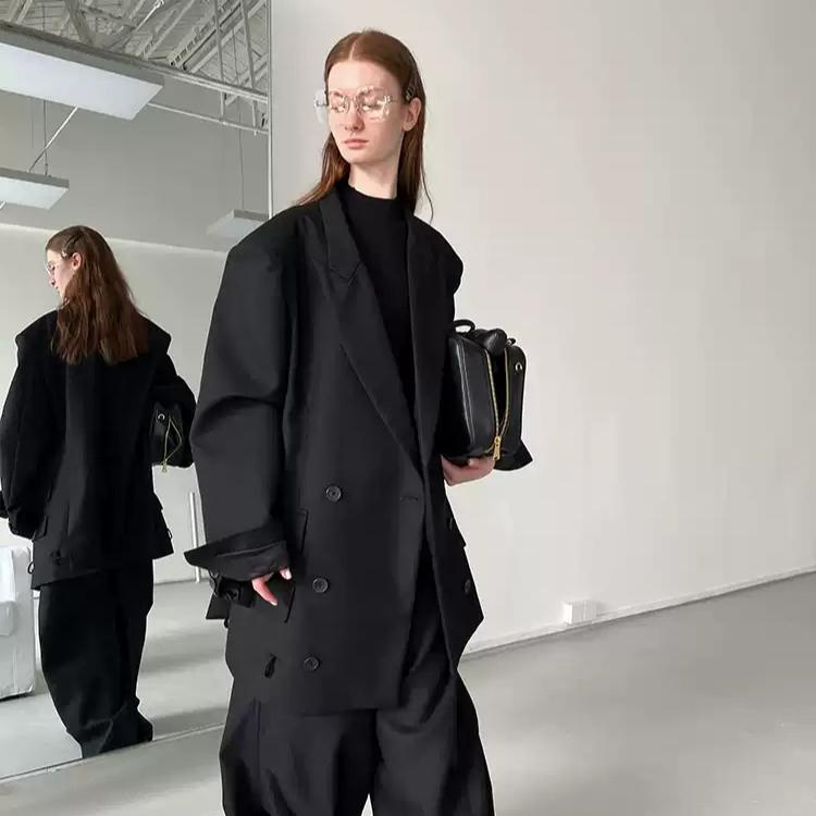 Rockrio Rarelicold 자켓 블랙 숄더 패드 6버튼 멀티포켓 오버핏 수트 재킷