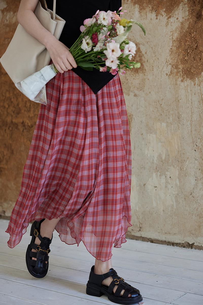 [pre-order] 로즈 체크 쉬폰 스커트