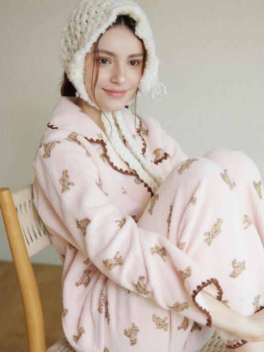 여성 베어멜로우 양털 긴소매 9부투피스 카라 수면잠옷(2C)